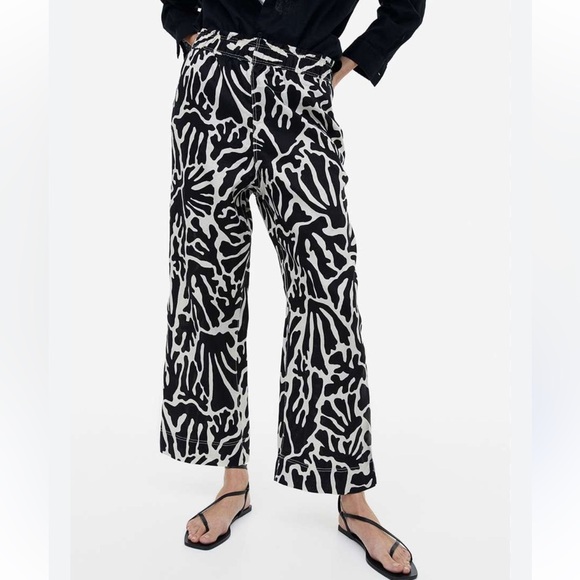 H&M Ankle Lengh Linen Trousers Size XXL Black Patterned Wide Leg Relaxed Fit - Picture 11 of 12